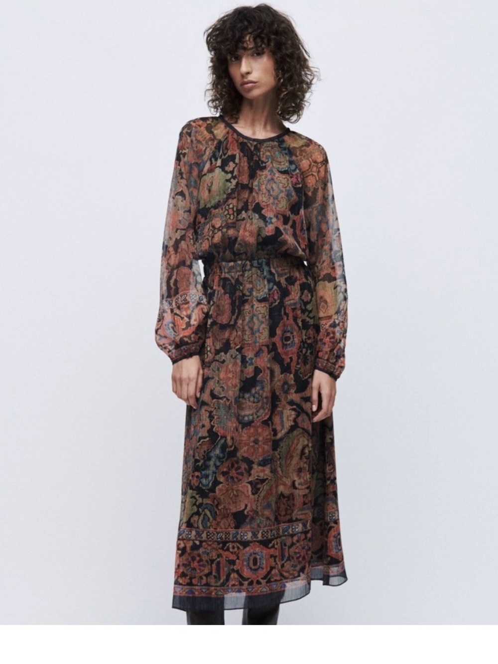 Zara Black Paisley Long-Sleeve Midi Dress